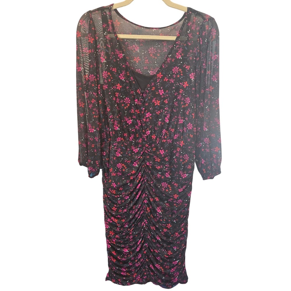 Torrid Size 0 3/4 Sleeve Dress Ruched Mesh‎ Bodycon Black Floral Cocktail Party